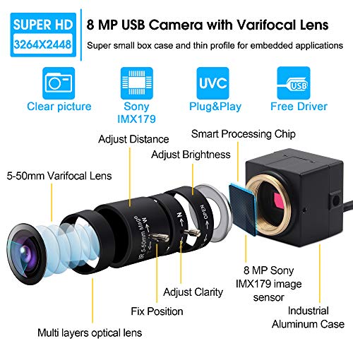 8MP Optical 10X Zoom 5-50mm Lens Webcam 2448P Mini USB Camera with Sony (1/3.2) IMX179 Sensor,USB with Camera Industrial Aluminum Web Camera for Linux Windows Android Mac,Plug&Play,UVC