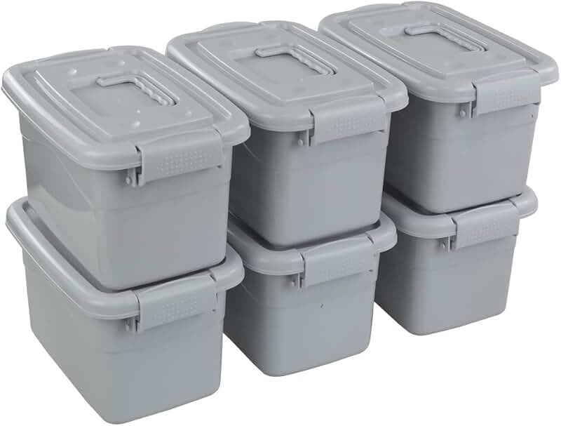 Six Grey 5L Plastic Storage Bins with Lids and Handles