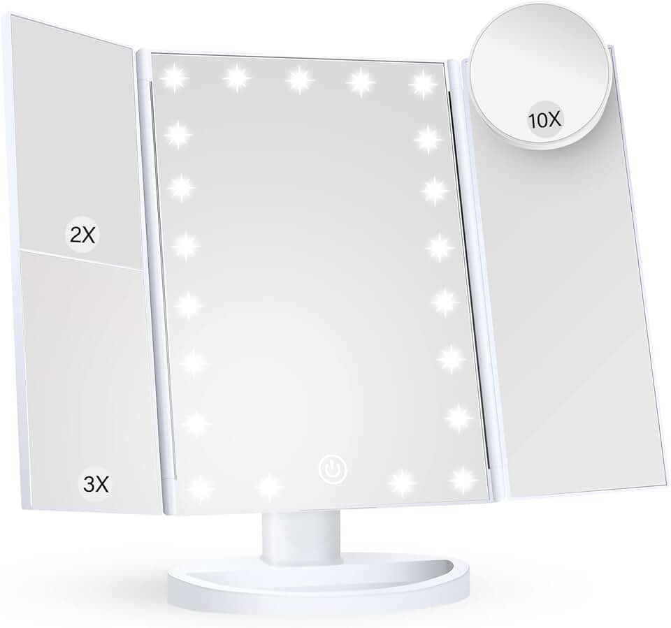 Trifold Vanity Mirror with Lights and Magnification
