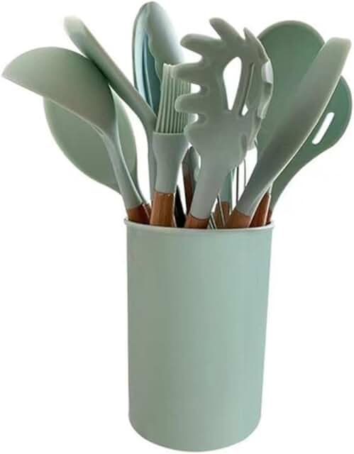 Silicone Kitchen Utensil Set with Wooden Handles