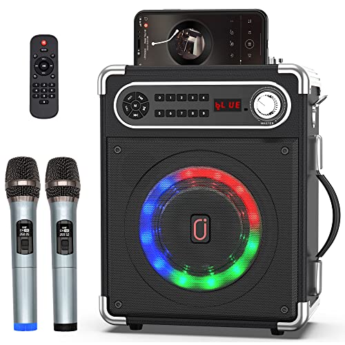 Bluetooth Speaker with Two Wireless Microphones, Outdoor Speaker with Subwoofer/Tweeter, Portable PA Speaker System with Remote Control, Discol Lights, FM, REC for Home, Party