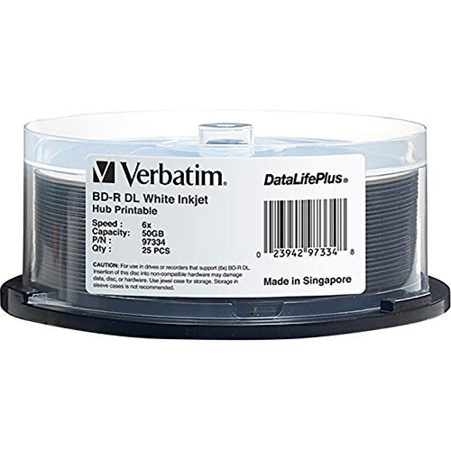 Verbatim Blu-ray Dual Layer BD-R DL Inkjet Printable Disc - 50GB - 120mm Standard - 25 Pack Spindle - 97334