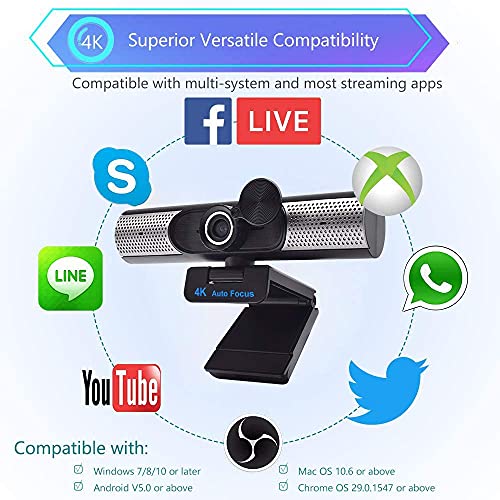 4K Auto Focus HD Webcam with Microphone Privacy Coverand Tripod,Web cam with Speaker Camera for Conferences, USB Camera Plug and Play Compatible with Zoom/Skype/Facetime/Teams