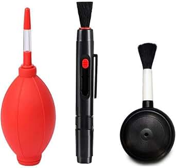 Camera cleaning kit with air blower, lens cleaner, and brush
