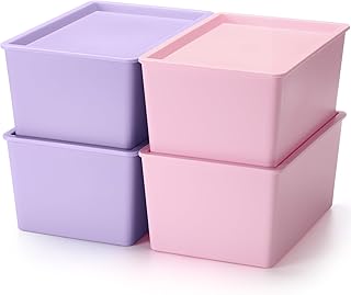 Set of four stackable plastic storage bins with lids
