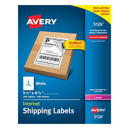 5126 Shipping Address Labels for Laser Printers, 200 White Half Sheet Labels