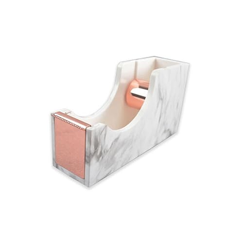 White marble print desktop tape dispenser with rose gold tone