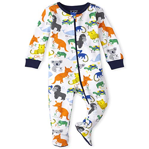 The Children s  Baby and Toddler Boys ABC Animal Snug Fit Cotton One Piece Pajamas, White, 0-3 Months