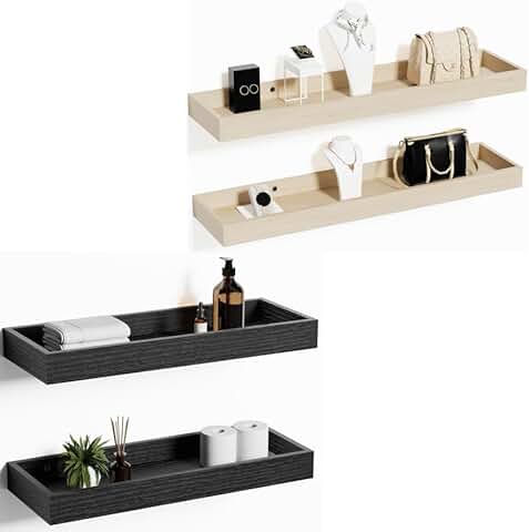 Set of four floating wooden shelves in black and oak