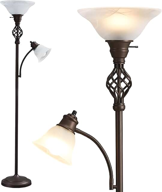 Red Brown Glass Shade Torchiere Floor Lamp with Two Heads