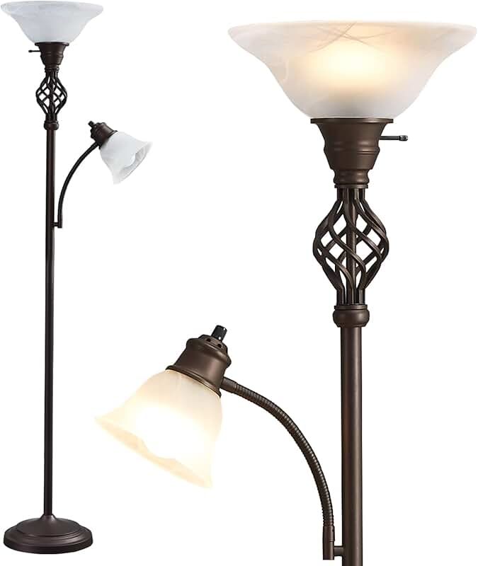 Red Brown Glass Shade Torchiere Floor Lamp with Two Heads