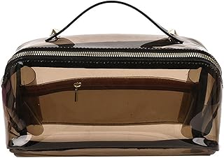 Semi-transparent clear travel makeup bag with leather handle