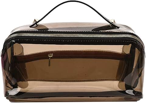 Semi-transparent clear travel makeup bag with leather handle