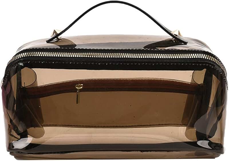 Semi-transparent clear travel makeup bag with leather handle