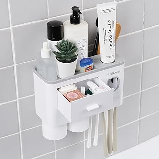 Wall-mounted toothbrush holder with toothpaste dispenser and storage