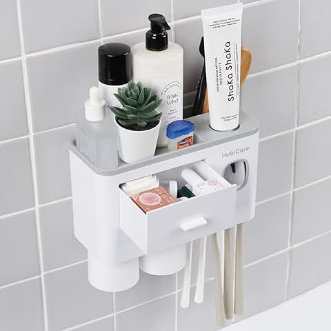 Wall-mounted toothbrush holder with toothpaste dispenser and storage