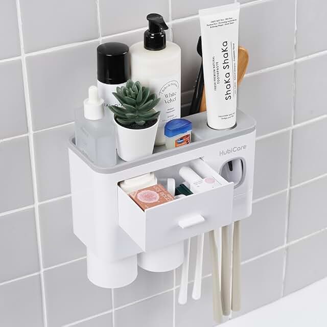 Wall-mounted toothbrush holder with toothpaste dispenser and storage