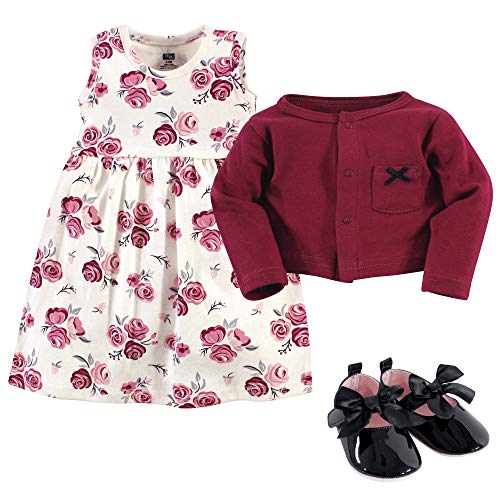 Girl Cotton Dress, Cardigan and Shoe Set, Rose, 3-6 Months