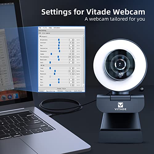 Streaming Webcam with Adjustable Ring Light, Full HD 1080P Webcam with Dual Microphones and Advanced Auto-Focus,Pro Web Camera for Online Learning, Zoom Meeting Skype Teams, Gaming Laptop