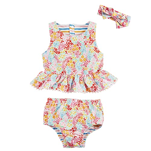 Girls Reversible Swimsuit & Headband Set, Floral/Stripe, 3-6 Months