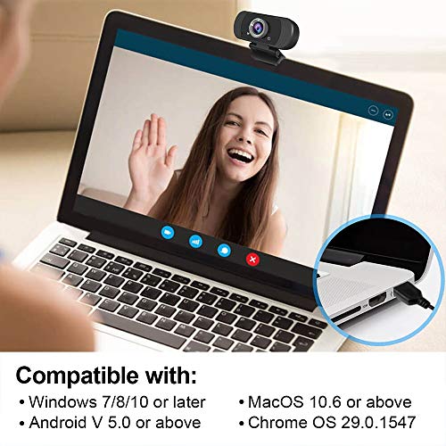 Webcam with Microphone -  1080p Full HD USB Camera, 30fps, Wide-Angle Video Capture - Auto-Light Correction - Plug & Play Cam for Laptop, Desktop Computer & Mac - Adjustable Clip