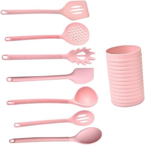 Pink silicone spatula with wooden handle for cooking