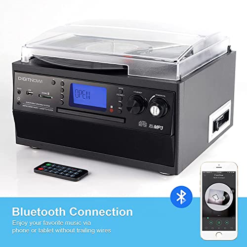 Bluetooth Record Player Turntable with Stereo Speaker, LP Vinyl to MP3 Converter with CD, Cassette, Radio, Aux in and USB/SD Encoding, Remote Control, Audio Music Player Built in Amplifier