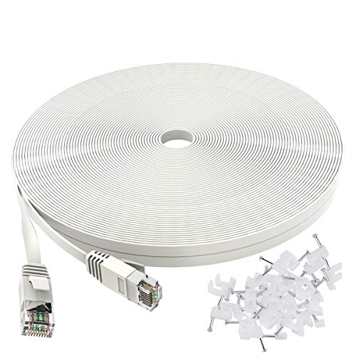 Cat 6 Ethernet Cable 50 ft, Outdoor&Indoor 10Gbps Support Cat7 Network, Flat Internet RJ45 LAN Patch Cords, Solid Cat6 High Speed Computer Wire with Clips for Router, Modem, PS4/5, Xbox, Gaming, White
