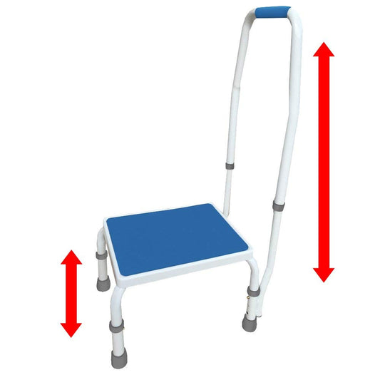 AdjustaStep(tm) Deluxe Step Stool/Footstool with Handle/Handrail, Height Adjustable. 2 Products in 1. Modern White/Blue Design. Padded Non- Handle. 300  Capacity