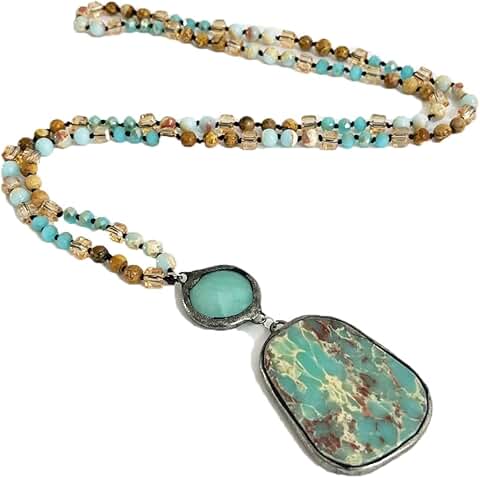 Boho Long Natural Stone Beads Pendant Necklace