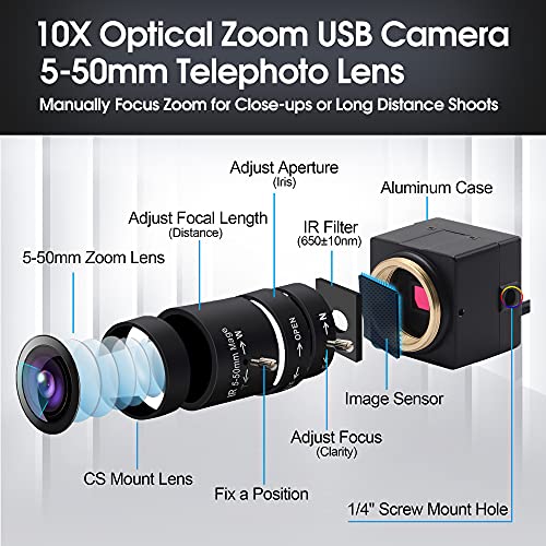 Telephoto Webcam Mac Compatible 1MP USB Camera with 5-50mm Optical Zoom Lens Manual Focus Webcam UVC PC Cam for Windows Linux Android MAC,1280x720 USB2.0 CMOS Video Camera for Security,Streaming