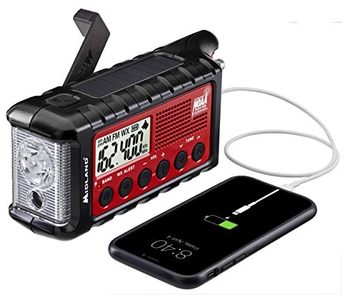 '- ER310, Emergency Crank Weather AM/FM Radio - Multiple Power Sources, SOS Emergency Flashlight, Ultrasonic Dog Whistle, & NOAA Weather Scan + Alert (Red/Black)