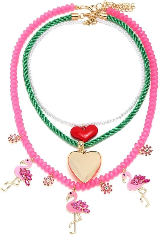 Layered Beaded Necklace with Flamingo Pendant for Women