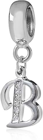Solid Sterling Silver Alphabet Charm Beads with Cubic Stones
