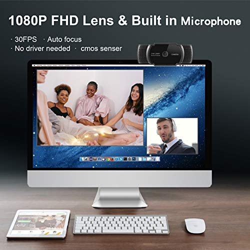 1080P Web Camera - Auto Focus Full HD USB Webcam with Microphone,Privacy Cover for PC, Mac, Laptop, Notebook, Compatible with Windows 10/8 / 7, XP, Mac/Android