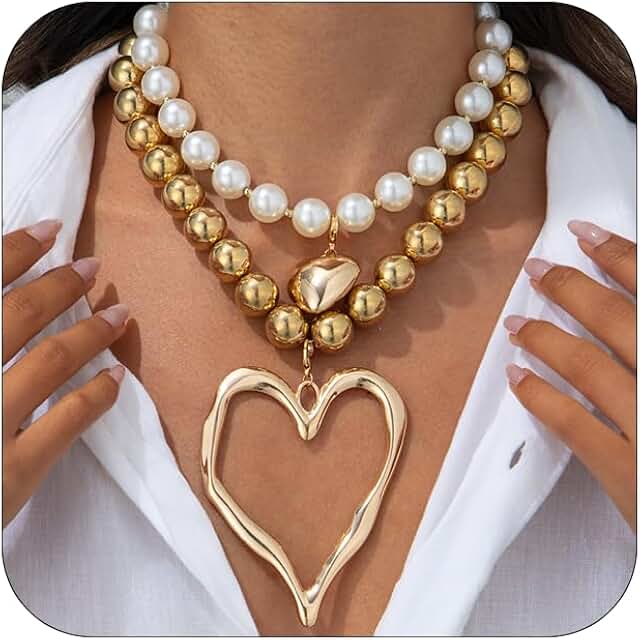 Layered Chunky Gold Heart Beaded Necklace for Women