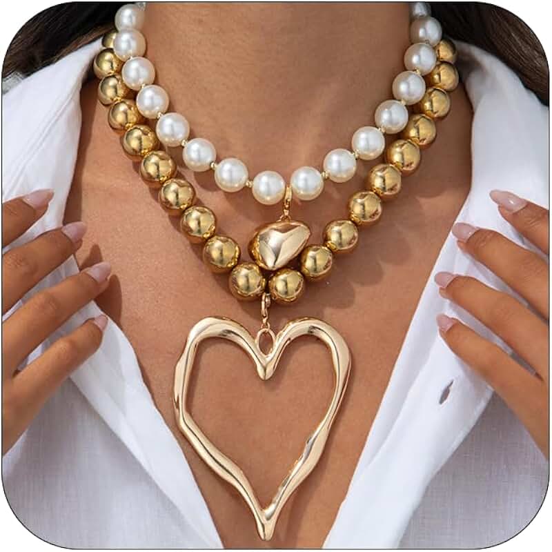 Layered Chunky Gold Heart Beaded Necklace for Women