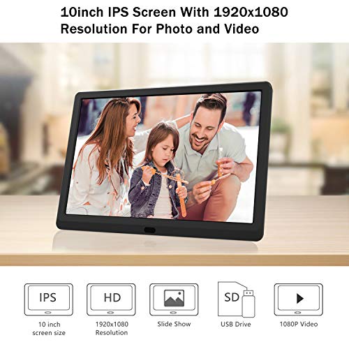 10 inch Digital Picture Frame 1920x1080 Brightness Adjustable IPS Screen Digital Photo Frame with Timing Switch, Background Music Playing, 1080P Video Playback, Easy Plug and Play for All Ages