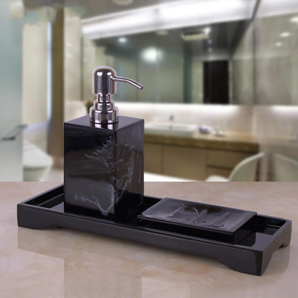 Bathroom Set in Black Marble Design Black Marble Pattern Tray Resin Bathroom Set Toothbrush Holder soap Dispenser soap Dish Mens Bathroom Accessories Set Home Deco 6PCS Set