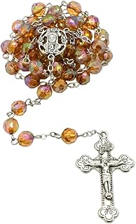 Birthstone rosary with iridescent beads and silver-tone medal