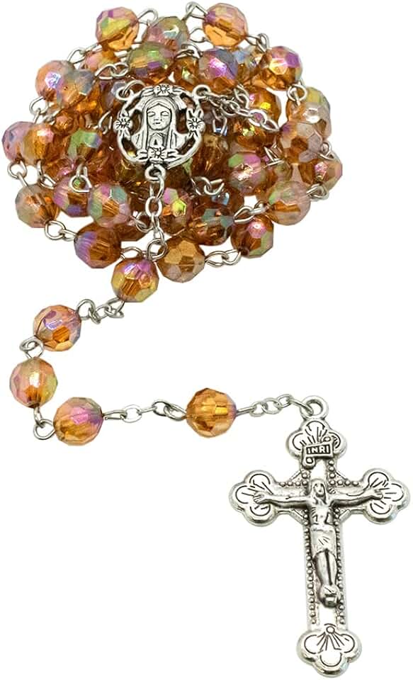 Birthstone rosary with iridescent beads and silver-tone medal