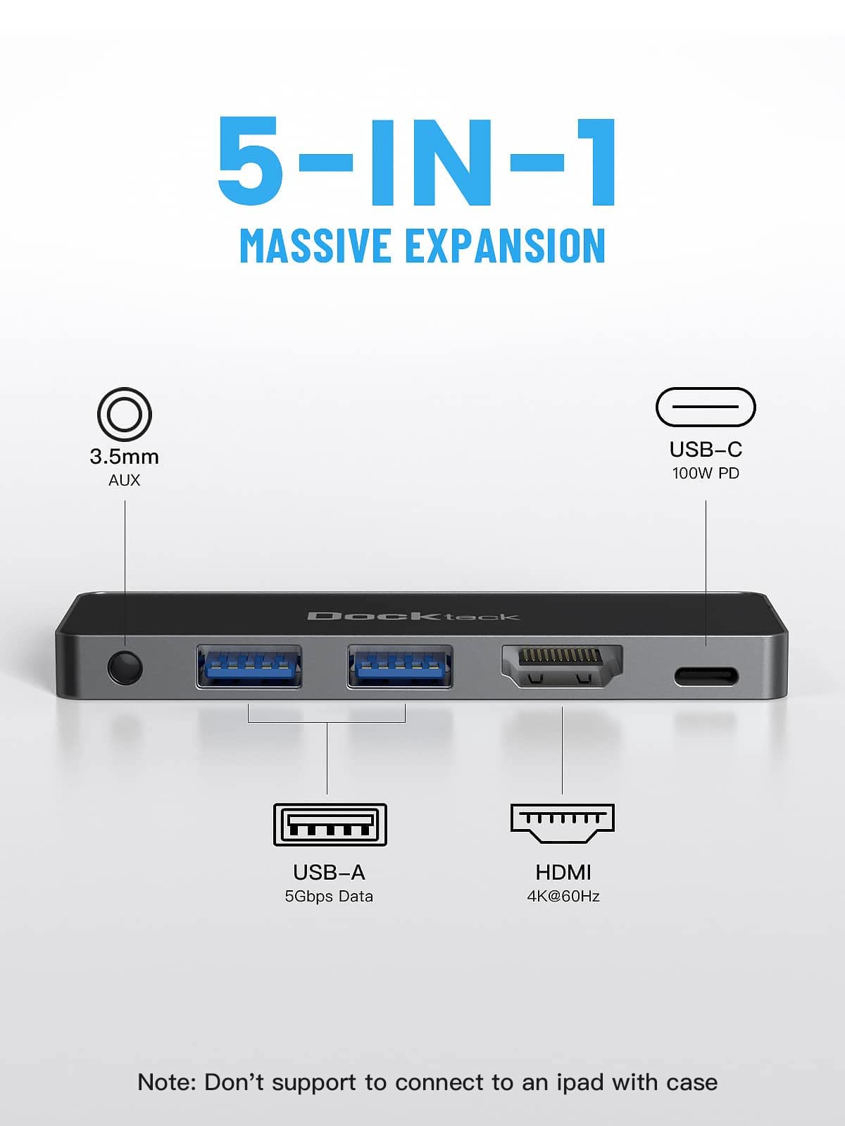 iPad Pro USB C Hub Adapter, 5 in 1 Dongle with 4K@60Hz HDMI, Type C to 3.5mm Audio Headphone Jack, 100W PD and 2 USB 3.0 for iPad Pro 2021 2020 M1/12.9/11, iPad Air 5/4, iPad Mini 6