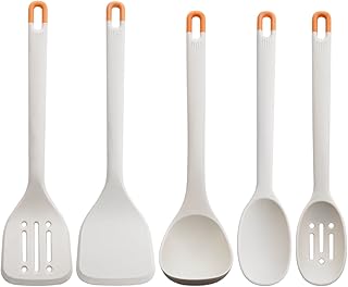 Set of five gray silicone kitchen utensils with ergonomic grip