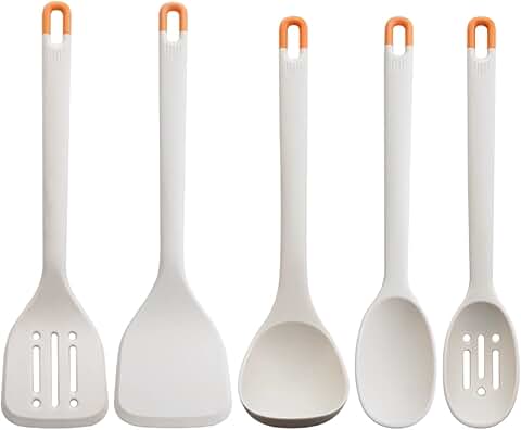 Set of five gray silicone kitchen utensils with ergonomic grip