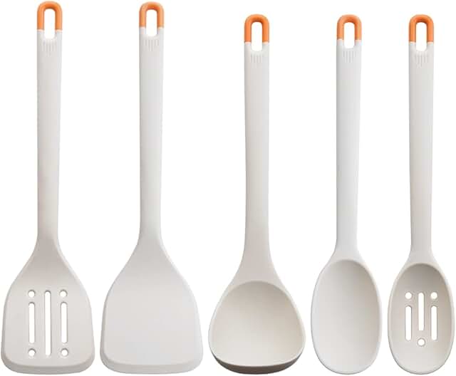 Set of five gray silicone kitchen utensils with ergonomic grip
