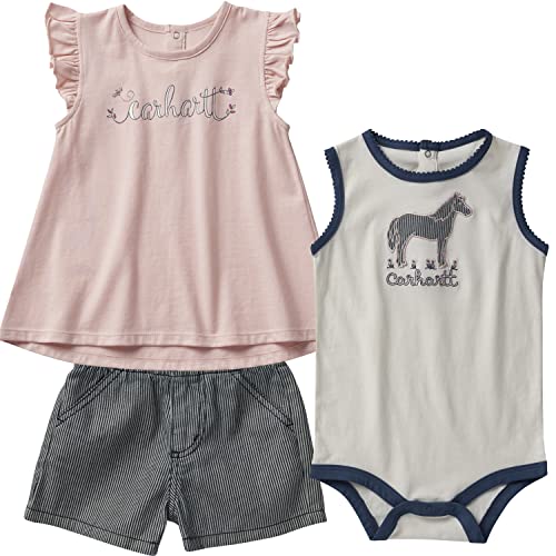 Baby Girls Sleeve Shirt, Horse Tank Bodysuit, Shorts Set, Dark Indigo Ticking Stripe, 3 Months