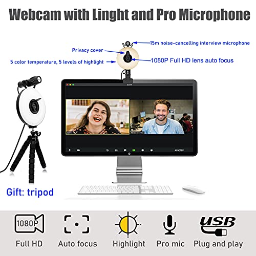 ACNCTP 1080P Webcam with Ring Light and Pro Microphone AutoFocus Web Camera for Computer PC Desktop Pro Streaming Webcam for Recording, Calling, Zoom, Skype, Conferencing, Gaming