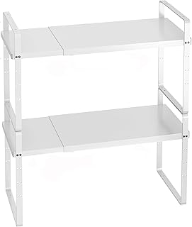 Expandable cabinet storage shelf set, adjustable height, white