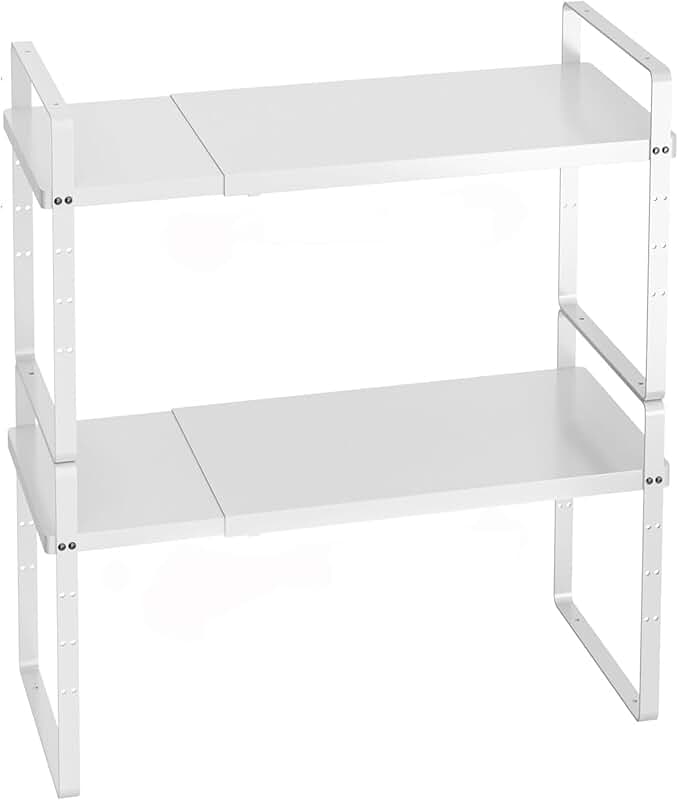 Expandable cabinet storage shelf set, adjustable height, white