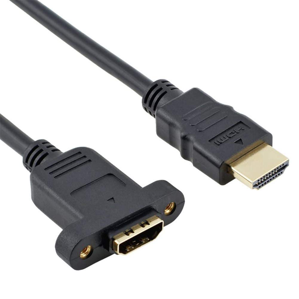 HDMI Extension Cable High Speed HDMI Male to Female Extension Wire Cord HDMI Extender w/Screw Nut for Panel Mount - Gold Plated Plugs, Black (1FT)